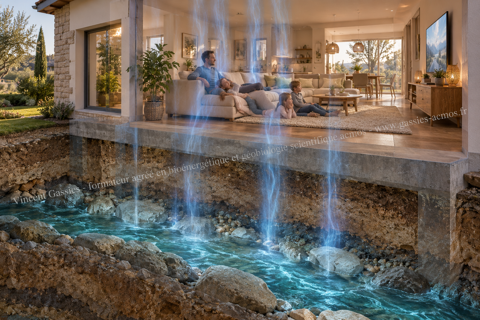 Représentation d’un cours d’eau souterrain sous une habitation